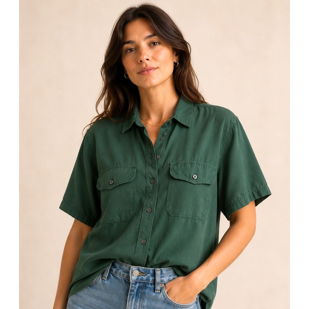 Erika & Company 100% Silk Button Front Shirt Green Short Sleeve Utility Pockets